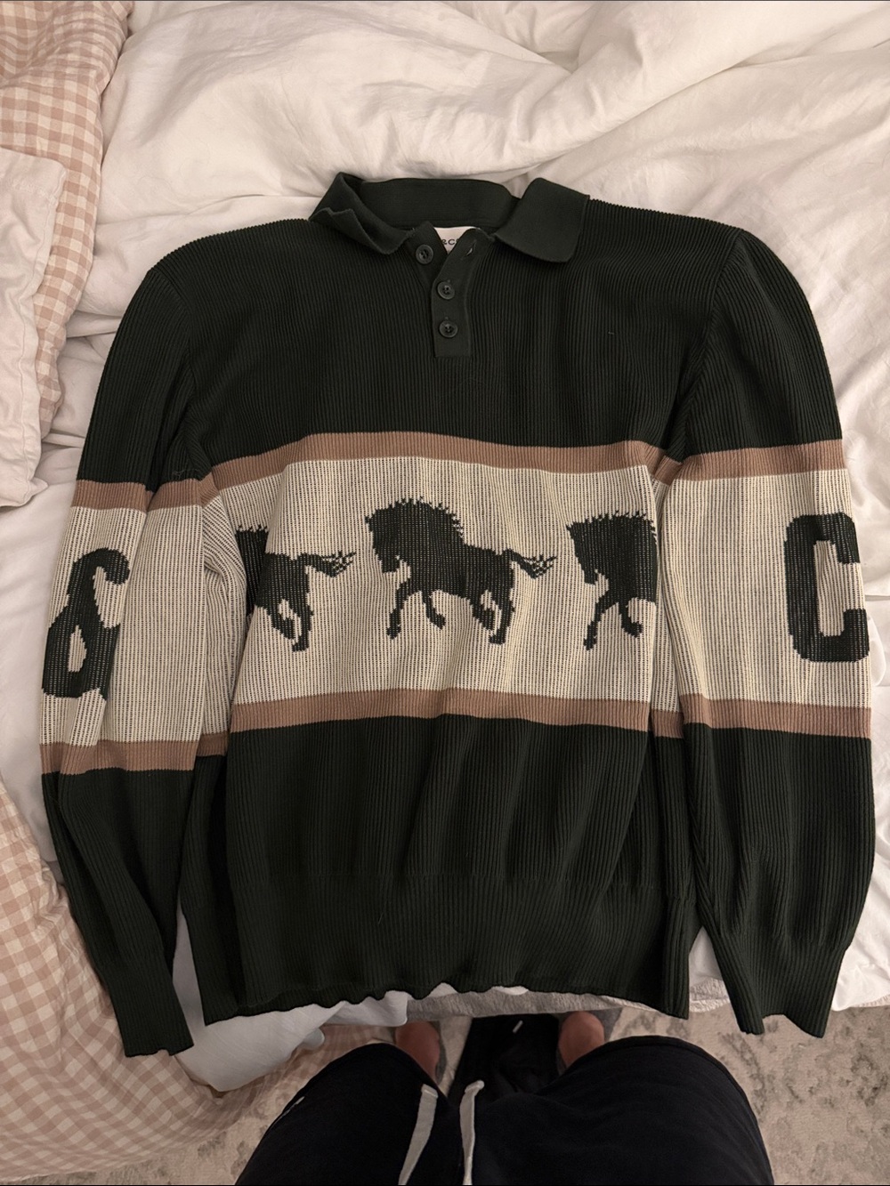 Men's Dark Green Crewneck Polo Sweater with Horse Motif - Picture 1 of 5